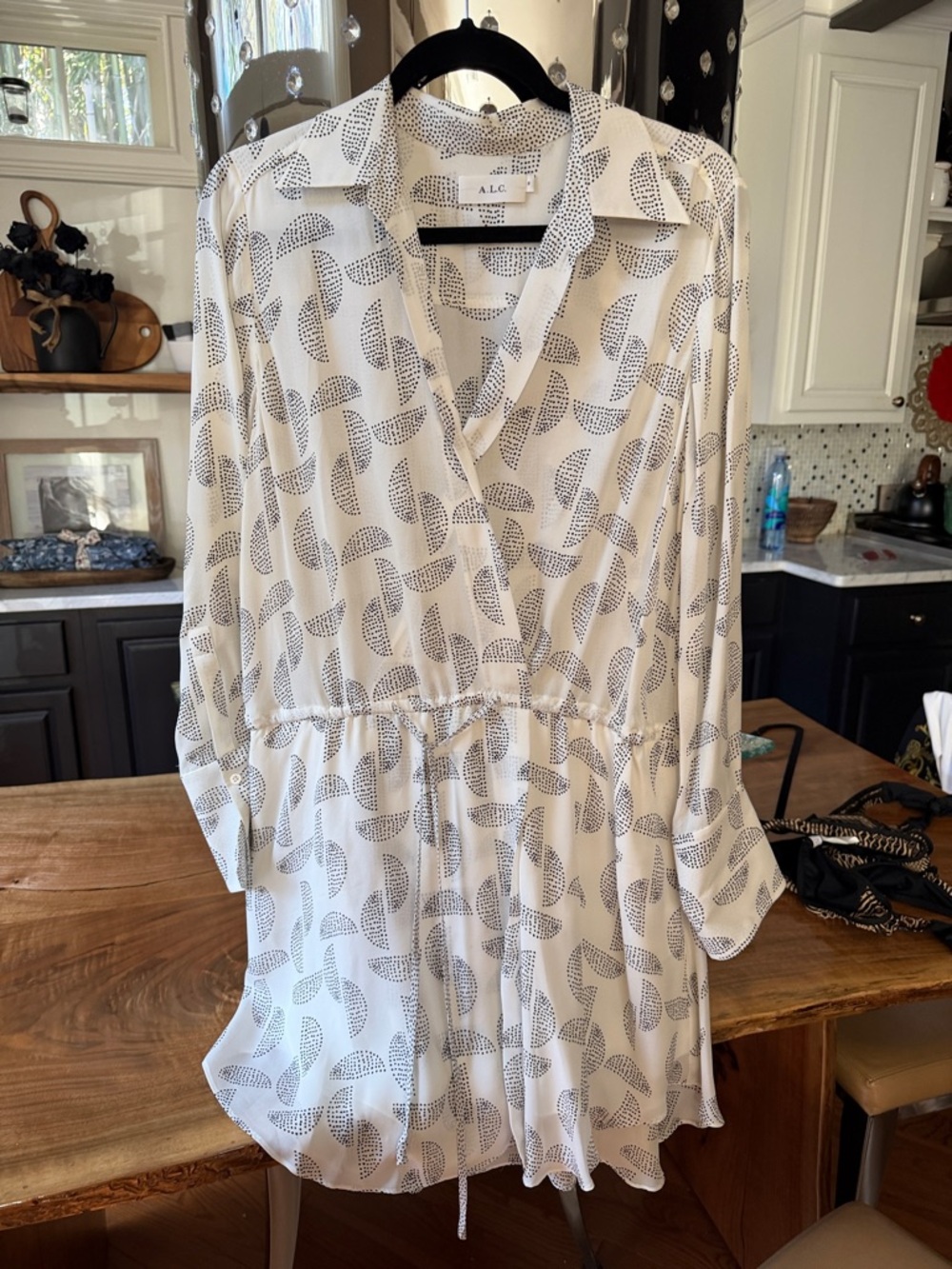 A.L.C. White Printed Long-Sleeve Drawstring Waist Mini Dress